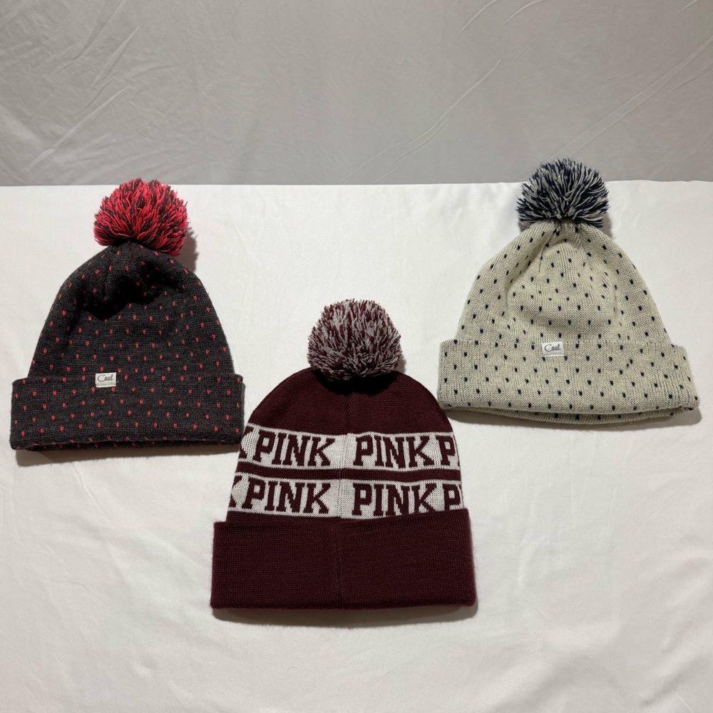 Victoria Secret Knit Pom Pom Hat & Coal Headwear Hat Pom Pom (2) Lot Of 3 Womens